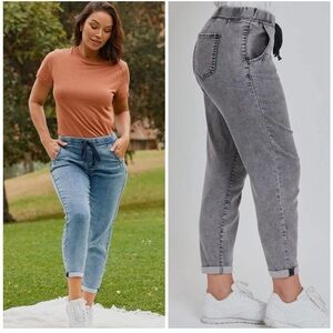 Blue Petite Denim Joggers with Drawstring